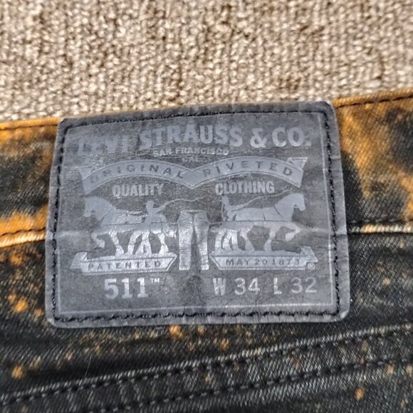 LEVI'S 511 Jeans Men 34x32 Black Slim Fit Bleach Dyed Distressed Skulls Denim - Picture 4 of 8